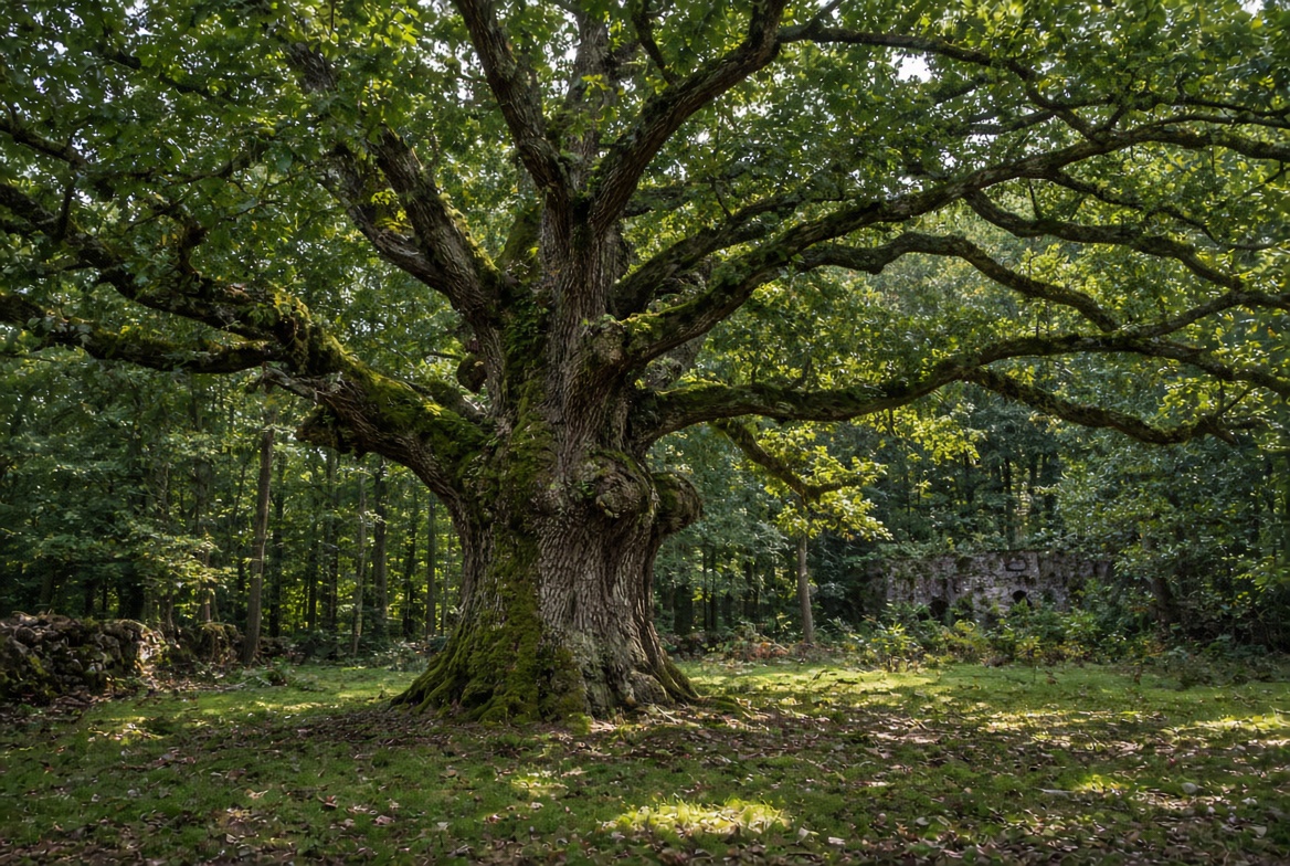 Ancient oak in a woodland clearing