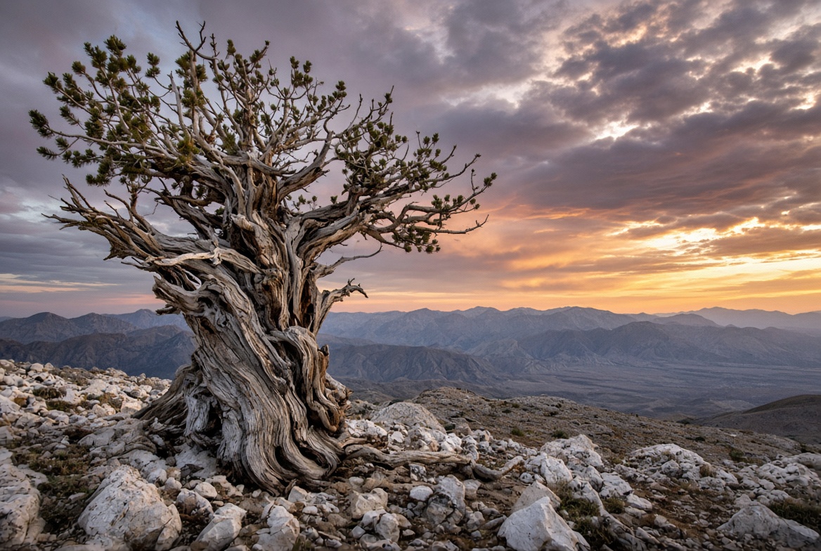 Ancient bristlecone pine on a mountain ridge