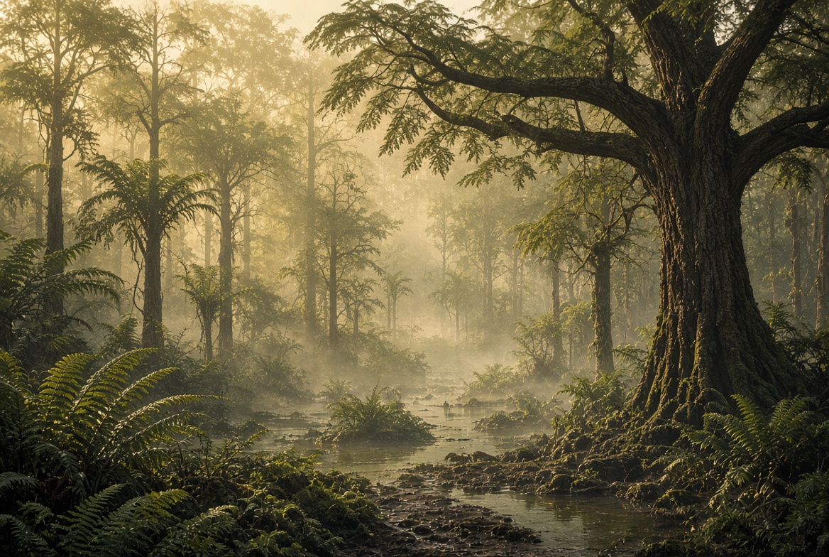 Reconstruction-like view of a misty primitive forest