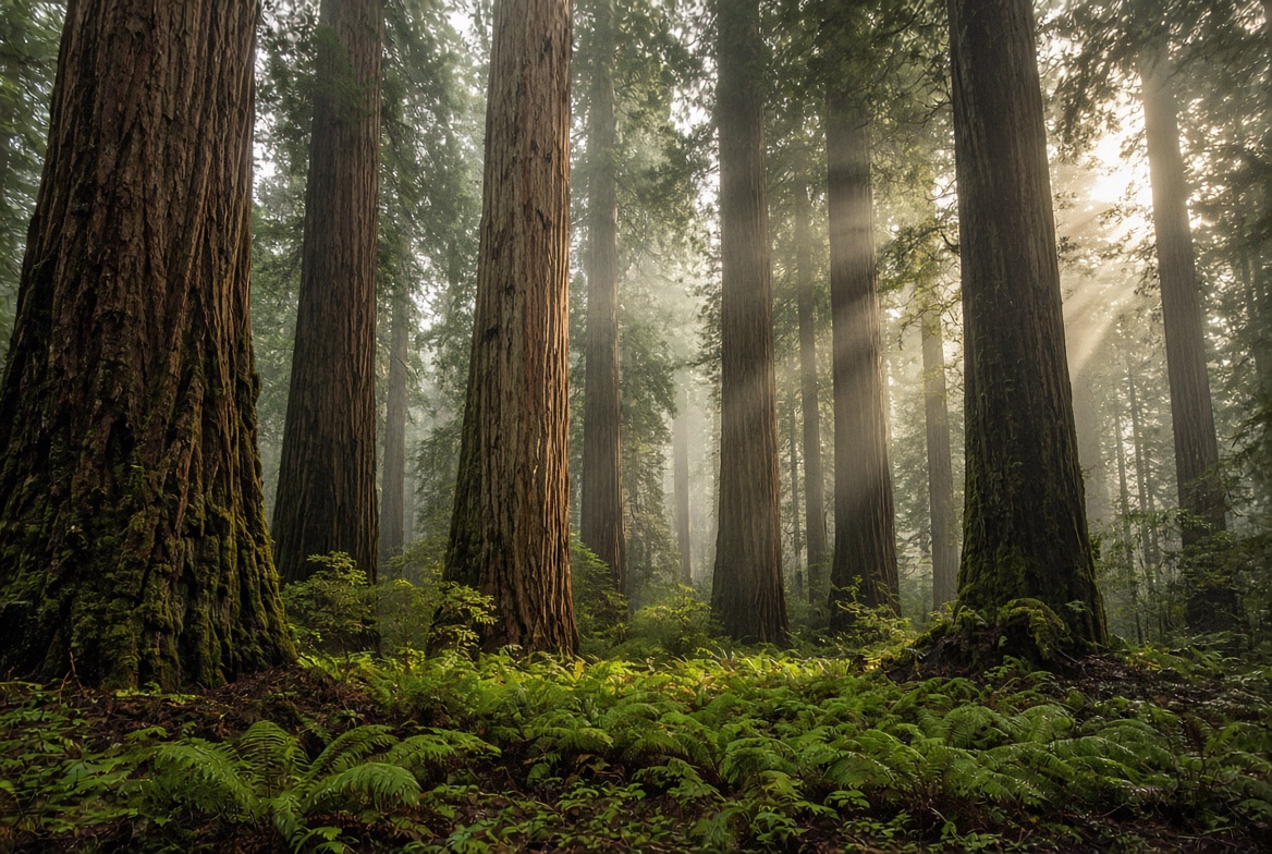 Sunbeams in an old-growth redwood forest